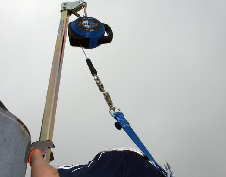 Worker using self retracting lifeline